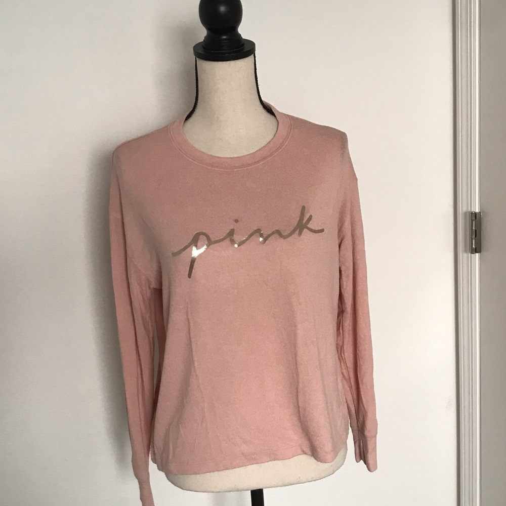PINK VS Coral Gold foil Shine Logo Cozy Long Sleeves Sleep Tee | XS